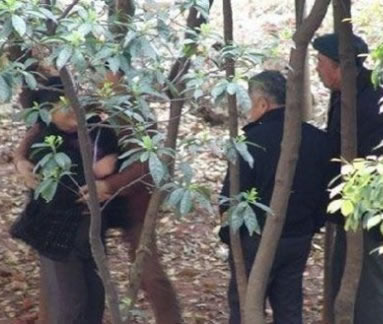 树林里老年妇女的肮脏交易 中老年妇女在树林卖