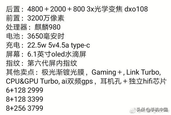 荣耀20参数详细参数(荣耀20价格参数齐曝光)