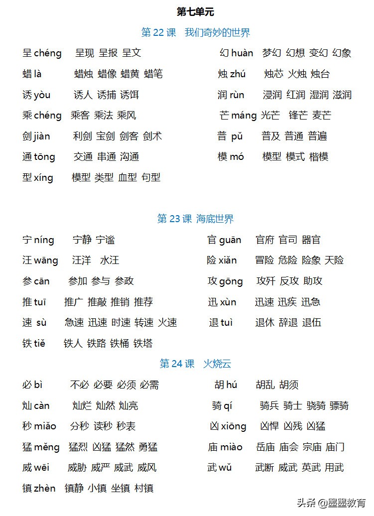 三年级下册语文全册生字组词，收藏转给孩子学习，扩大词语量