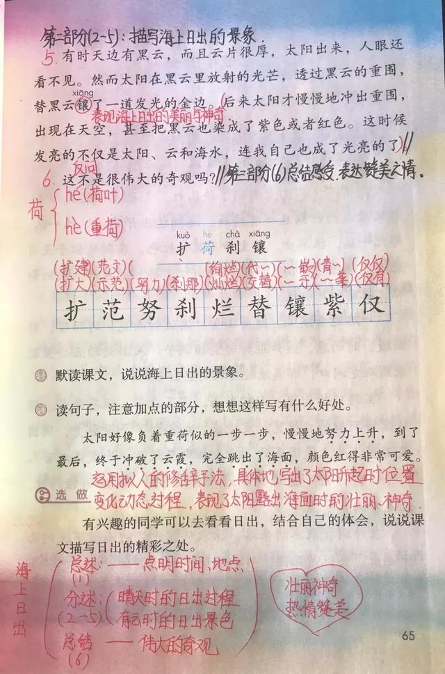 语文四年级16课海上日出预习（四年级语文下册第十六课海上日出课文笔记）(3)