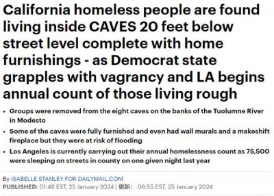 ​加州无家可归者住20英尺地下洞穴，有家具壁画也有毒品武器