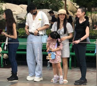 ​伊能静携子女迪士尼排队游玩 与儿子同坐边吃边聊