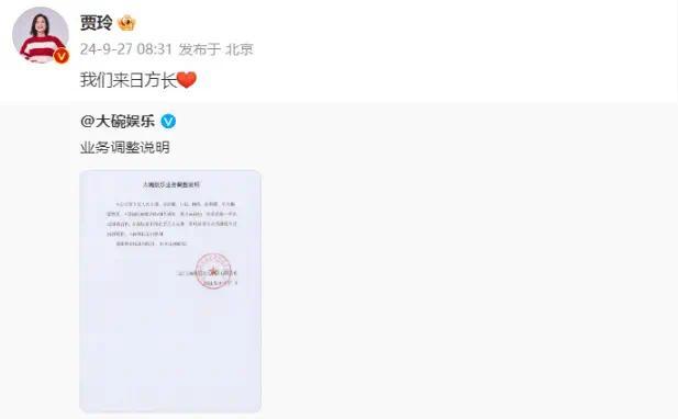 贾玲不再担任大碗娱乐职务 张小斐等合约到期不续