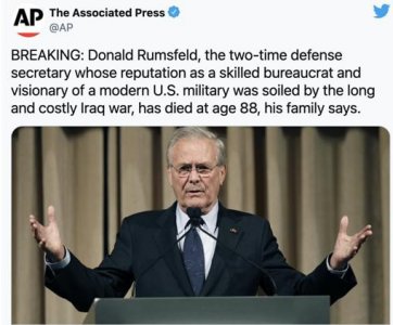 ​拉姆斯菲尔德去世，曾是伊拉克战争最大推手