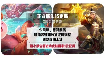​正式服8.15更新：后羿四连削弱，辅助装收益调整，小满1元皮上线